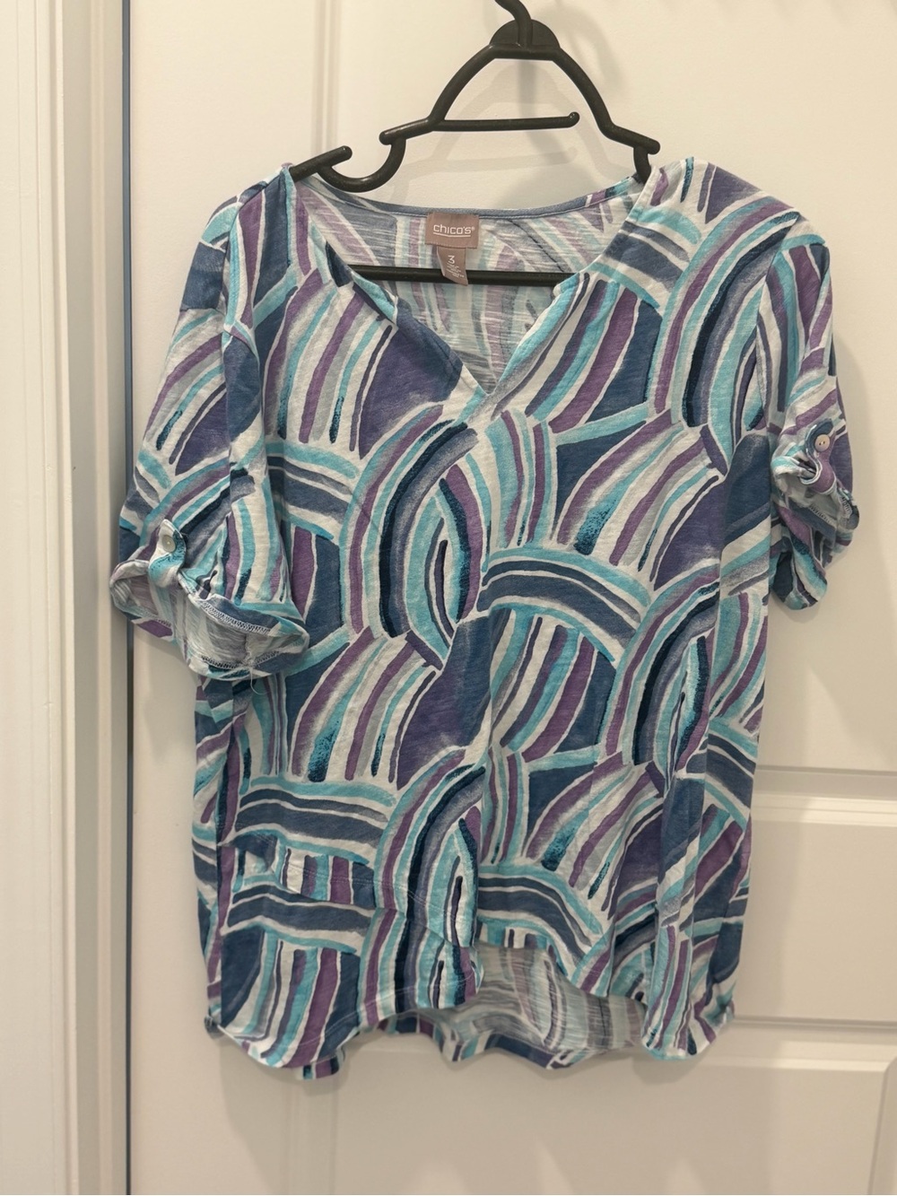 Chico's Teal, Purple & White Abstract V‑Neck Blouse